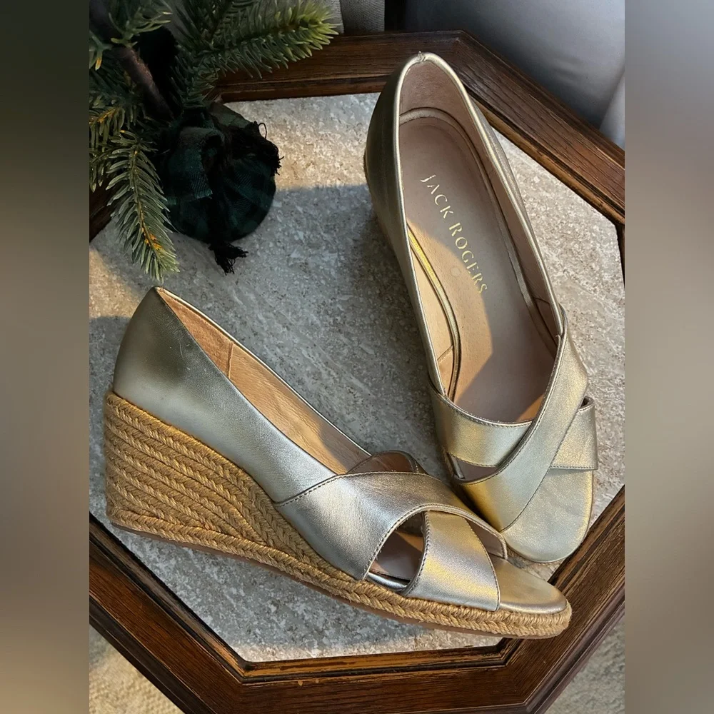 Jack Rogers Metallic Soft Gold Palmer Criss-Cross Espadrille Leather Heels 10